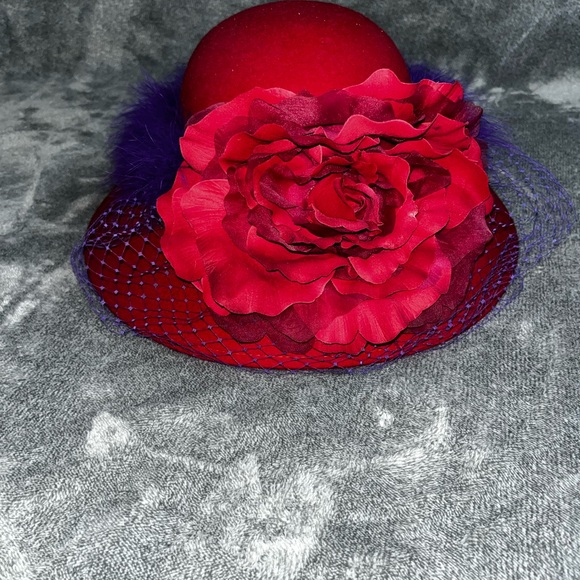 SPECTACULAR RED HAT society Kentucky Derby Hat With Purple Trim And Red Flower main image 5